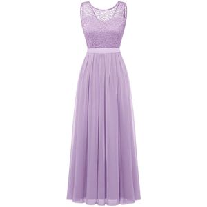 Lange Mouwloze Damesjurk met Kant en Chiffon - Bloemenkant Bovenstuk - Maxi Jurk met Satijnen Strik - Formele Avondjurk voor Bruiloft, Feest of Gala - Vloerlengte - Elegant & Comfortabel - Lavender