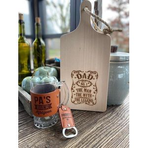 Cadeaupakket bier -vader; Serveerplank met afbeelding; Dad best no. 1 the man-the myth-the legend / Bierpul met tekst; Pa's bier Afblijven / Flesseopener Proost geniet ervan / vaderdag / cadeau / verjaardag man
