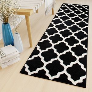 Tapiso Luxury Vloerkleed Antraciet Wit Trellis Woonkamer Loper Maat- 80x1500