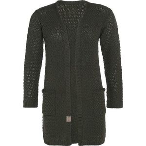 Knit Factory Luna Gebreid Vest Khaki - Gebreide dames cardigan - Middellang vest reikend tot boven de knie - Donkergroen damesvest gemaakt uit 30% wol en 70% acryl - 40/42 - Met steekzakken