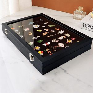 Pin Display Case - Medal Frame Box with Dustproof Glass Lid - Scratch Resistant Lining - Easy Cleaning - Black with Lock Buckle for Brooch Collection