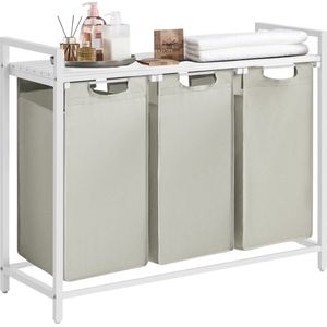 O'DADDY® Wasmand 3 Vakken - Uitschuifbare Wassorteerder met Plank - 114 Liter - 92.5 x 33 x 71 cm - Verstelbare Pootjes - Makkelijk te Monteren - Veelzijdig en Stijlvol Metaal - Wit