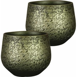 Steege Plantenpot/bloempot - 2x - keramiek - metallic donkergroen/touch of gold - D19/H16 cm