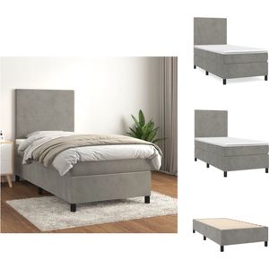 vidaXL Boxspringbed - Luxe - Bed - 203 x 90 x 118/128 cm - Lichtgrijs - Fluweel - Verstelbaar hoofdbord - Pocketvering matras - Middelharde ondersteuning - Huidvriendelijk topmatras - Inclusief montagehandleiding - Bed