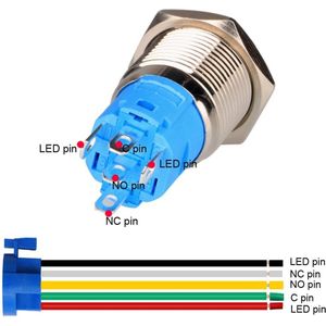 2pcs 0.63 inch/16mm Roestvrij staal Kortstondige Drukknop 12V-24V 5A LED 1NO1NC SPDT AAN-UIT Waterdichte Drukknop met Draadstekker(Blauwe LED)