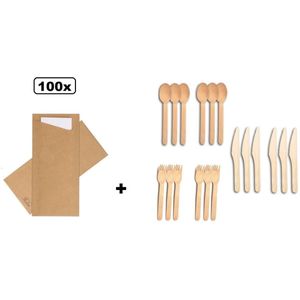 100x Bestekpochet 8x18,5cm Nature Kraft + servet + houten bestekset - bestek pochet servetten tissue diner eten festival snack carnaval festival evenement kerst thema feest