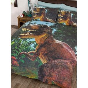 2-persoons jongens dekbedovertrek (dekbed hoes) ''Jurassic T-Rex'' groen / blauw met grote gevaarlijke dino / dinosaurus (dinosauriërs) in de natuur / bos / wildernis tweepersoons 200 x 200 cm (stoer beddengoed kinderkamer / jongens slaapkamer!)