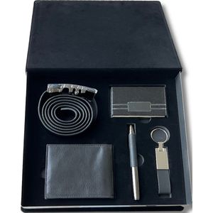 Heren Geschenkset van zwarte leren portemonnee, zwart leren riem, zwarte sleutelhanger, pasjeshouder en pen in mooie zwarte cadeaudoosje - Leuk cadeau voor mannen, vader, zoon of opa – 5 stuks cadeaupakket in een luxe cadeaubox.