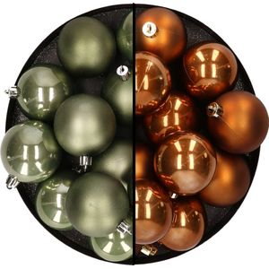 Kunststof kerstballen 6 cm - 24x stuks - mosgroen en bruin