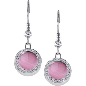 Quiges RVS Schroefsysteem Oorhangers Oorbellen Zilverkleurig met Zirkonia en Verwisselbare Roze Cat's Eye Mini Munt Set - ECOS171