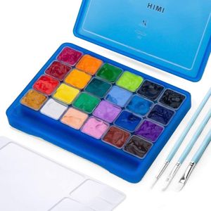 HIMI - Gouache - set van 24 kleuren x 30ml - in kunststof opbergbox blauw + penselen set van 3 - Blauw