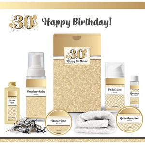 Geschenkset “30 Jaar Happy Birthday!” - 7 producten - 650 gram | Giftset voor haar - Luxe wellness cadeaubox - Cadeau vrouw - Gefeliciteerd - Set Verjaardag - Geschenk jarige - Cadeaupakket moeder - Vriendin - Zus - Verjaardagscadeau - Goud