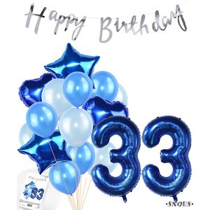 Snoes Ballonnen 33 Jaar Feestpakket – Versiering – Verjaardag Set Mason Blauw Cijferballon 33 Jaar - Heliumballon