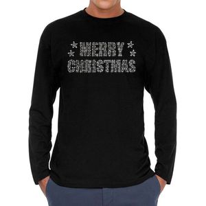 Glitter kerst longsleeve shirt zwart Merry Christmas glitter steentjes/ rhinestones  voor heren - Shirts met lange mouwen - Glitter kerst shirt/ outfit L