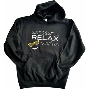 Zwarte hoodie met ""Sssssst... RELAX modus"" - XS - trui, hoedie, relaxen, vrij zijn, vakantie, weekend, huispak, vrije tijd, black, zonnebril