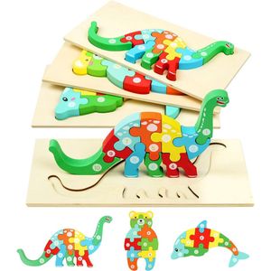 Houten Puzzels, 3 Stuks 3D Dierenpuzzel Speelgoed Baby's Games, Sorteer speelgoed, Vormnummerpuzzel Jigsaw Set, Houten Legpuzzels voor Peuters,cadeau, educatief speelgoed, voor kinderen van 1-3 jaar (Dolfijn)