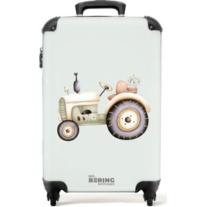 NoBoringSuitcases.com® - Kinderkoffer jongen - Kindertrolley jongens - Beige vintage tractor in pastel groene kleuren - Handbagage koffer lichtgewicht - Reiskoffer trolley kinderen - Rolkoffer met wieltjes - Past binnen 55x40x20 en 55x35x25