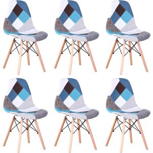 PC-Deals Egoonm Een Set Van 6 Eetkamerstoelen Patchwork Stof Met Houten Poten Moderne Stijl Keukenstoel Voor Eetkamer Meubels Multicolor