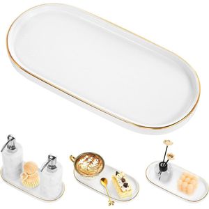 Marble Ceramic Bathroom Vanity Tray with Golden Rim - Decorative Jewelry Dish Countertop Sink Storage Holder Organizer for Soap Candles Perfume Comestic - Matte White