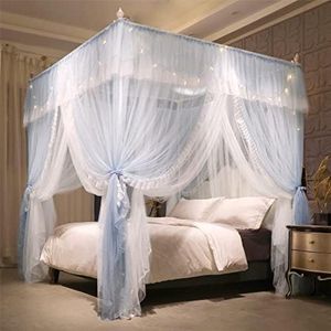 Prinsessen Hemelbed met Ruches - Vierkant Klamboe met 4 Openingen - Dubbel Laags Muskietennet - Romantisch en Zacht - Grijs/Wit - 135x200x210 cm