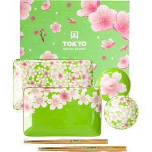 Tokyo Design Studio - Kawaii - Bloemen - Sushi Set - 6-delig - 2 Persoons - groen roze bloemen