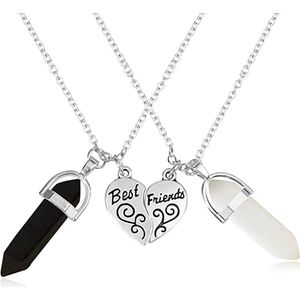 Bixorp Friends BFF Ketting voor 2 met Edelstenen & Hartje -  Onyx & Bergkristal Zilverkleurig Koord Vriendschapsketting - Twee Helften Best Friends - Voor Meisjes - Best Friends Ketting Vriendschap Cadeau voor Twee