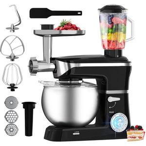 Royalty Line® PKM1900BG 3 In 1 Keukenmachine - Keukenrobot - 1900W - Foodprocessor Met Blender, Vleesmolen, Garde, Deeghaak, Menghaak - 6,5 Liter - Zwart