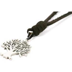 IbizaMen - heren ketting - veter bruin leer vintage - rvs edelstaal levensboom - tree of life -zilverkleurig - unisex -verstelbaar in nek - 40-80cm