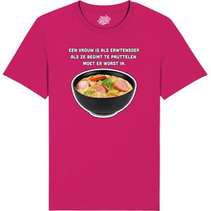 Een vrouw is als erwtensoep - Grappige Tekst Shirt - Mannen Vrouwen Unisex Kleding - Leuke Teksten - Verjaardag Cadeau Idee - Unisex T-Shirt - Fuchsia - Maat L