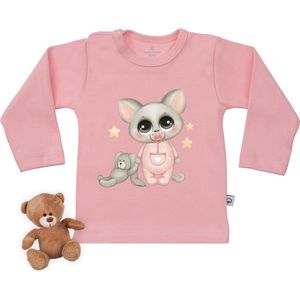 Baby t shirt met poesje en konijntje print - Roze - Lange Mouw - maat 74/80