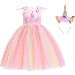 Joya Kids® Roze Eenhoorn Verkleed Jurk | Unicorn Jurk kostuum | Prinsessen jurk verkleedjurk + Haarband | Maat 122-128 (130) | Cadeau meisje