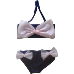 Maat 62 Bikini blauw Baby en kind donkerblauw zwemkleding roze strik