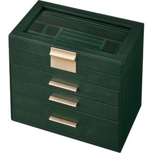 Sieradendoos met 4 niveaus en glazen deksel - 3 laden - bosgroen-goud