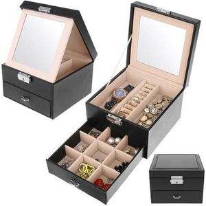 Luxe sieradendoos met spiegel - Juwelen doos voor sieraden (ring, ketting, oorbellen, horloge) - Dames bijouterie doos - Zwart
