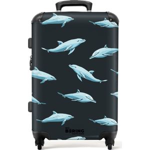 NoBoringSuitcases.com® - Koffer groot - Rolkoffer lichtgewicht - Grijs met blauwe dolfijnen - Reiskoffer met 4 wielen - Grote trolley XL - 20 kg bagage