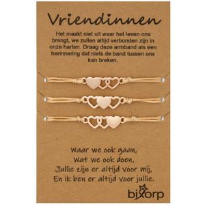 Bixorp Friends Vriendschapsarmbandjes voor 3 met Rosé Gouden Hartjes en Rosé gekleurd Bandje - BFF Armband Meisjes - Best Friends Armband Vriendschap Cadeau voor Drie