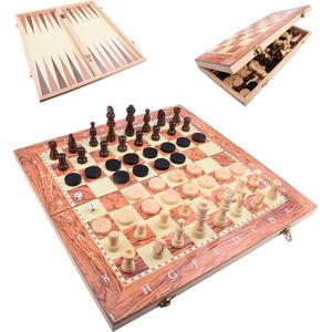Shagam - 3-in-1 Set - 48 x 48 cm - Schaakbord - Dambord (8x8) - Backgammon - Hout - Met Schaakstukken - Opklapbaar - Schaakspel - Schaakset - Schaken - Chess - Damset