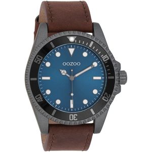 OOZOO Timepieces - Donker grijze horloge met bruine leren band - C11116