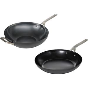 Saveur Selects – Carbon Steel - pfas vrije pannenset - pannenset- Wokpan Ø 35 cm + Koekenpan Ø 30 cm - Geschikt voor alle warmtebronnen - Zwart