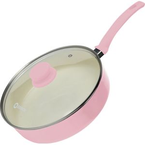 COOCK Hapjespan Inductie - 3100ml - Speciale Anti-Aanbak Coating - Ergonomische Koudgrepen - Gerecycled Aluminium - Roze/Wit - Inclusief E-book