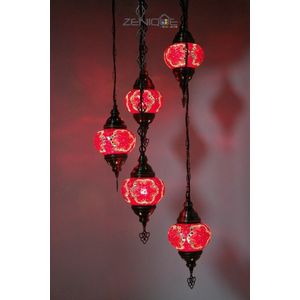 Turkse Lamp - Hanglamp - Mozaïek Lamp - Marokkaanse Lamp - Oosters Lamp - ZENIQUE - Authentiek - Handgemaakt - Kroonluchter - Rood - 5 bollen