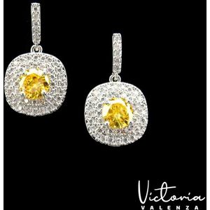 Victoria Valenza Monte Carlo Luxe Oorbellen Dames Messing Oorhangers Dames Oorringen - Gele Steen - Kleur Zilver - 1 Paar