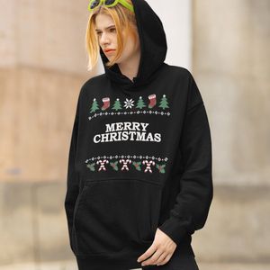 Kerst Hoodie Candy Cane - Met tekst: Merry Christmas - Kleur Zwart - ( MAAT XS - UNISEKS FIT ) - Kerstkleding voor Dames & Heren