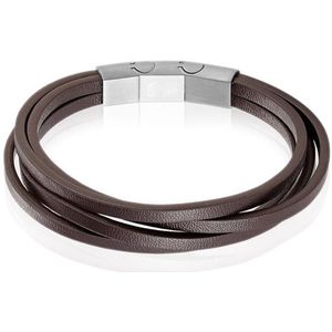 Mendes Heren armband Leer Edelstaal Verstelbaar Bruin Zilverkleurig