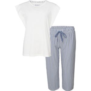 By Louise Dames Capri Korte Pyjama Set Wit/Blauw Gestreept - Maat XL