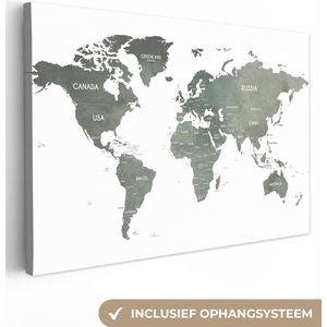 Canvas Wereldkaart - 30x20 - Wanddecoratie Wereldkaart - Waterverf - Grijs