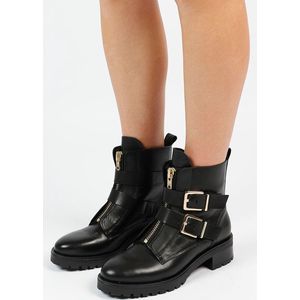 Sacha - Dames - Zwarte biker boots met goudkleurige gespen - Maat 39