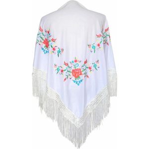 Spaanse manton  - omslagdoek - wit met bloemen driehoek bij verkleedkleding of flamenco jurk