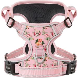 Hondenharnas Bloemenprint - Verstelbaar Hondenharnas voor Kleine, Middelgrote en Grote Honden - No Pull Hondenharnas met Handvat - Reflecterend Pet Vest voor Buiten, Training en Hiking - Roze Bloemen, Maat L