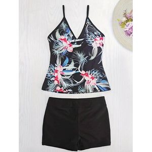 Tankini set met V-hals- 2-delige Tankini met boxershort- Badpak Bikini Strandkleding Zwemkleding en kleding voor dames- Zwart kleurenverloop- Maat XL